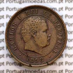 Portugal, 5 Reis 1898 bronze coin of King Carlos I, (VF+), World Coins Portugal KM 530