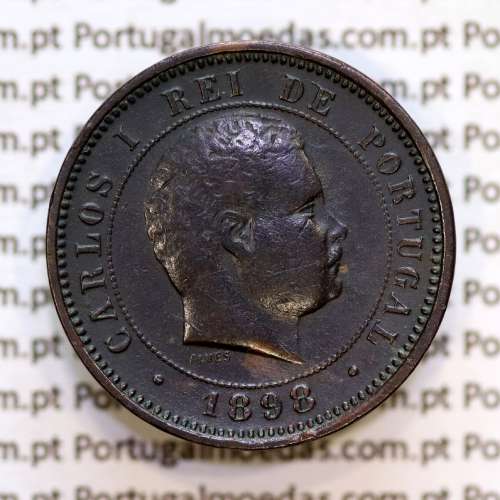 Portugal, 5 Reis 1898 bronze coin of King Carlos I, (VF+), World Coins Portugal KM 530