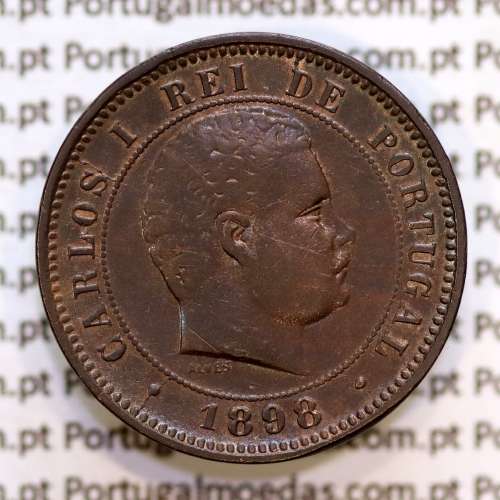 Portugal, 5 Reis 1898 bronze coin of King Carlos I, (VF), World Coins Portugal KM 530