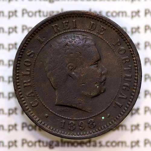 Portugal, 5 Reis 1898 bronze coin of King Carlos I, (VF), World Coins Portugal KM 530