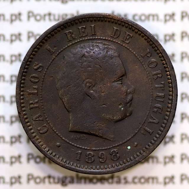 Portugal, 5 Reis 1898 bronze coin of King Carlos I, (VF), World Coins Portugal KM 530