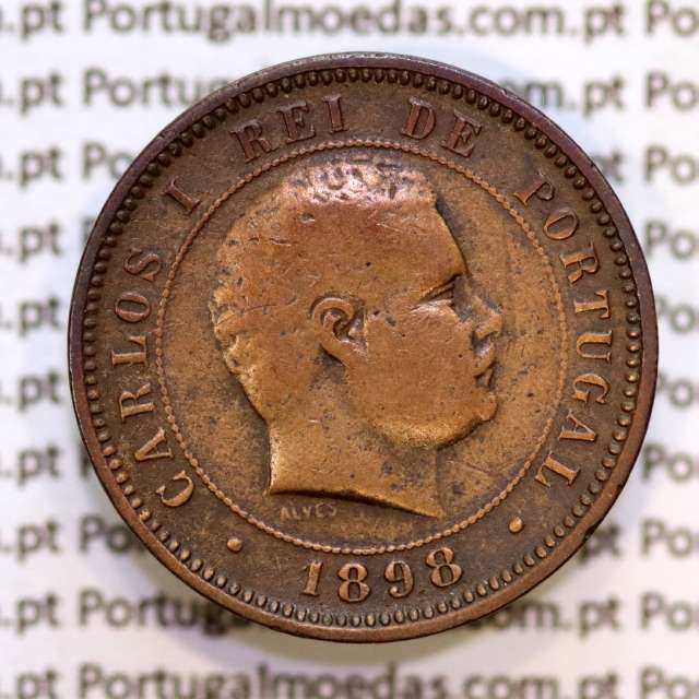 Portugal, 5 Reis 1898 bronze coin of King Carlos I, (VF), World Coins Portugal KM 530