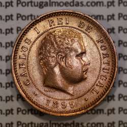 Portugal, 5 Reis 1899 bronze coin of King Carlos I, (VF+/XF), World Coins Portugal KM 530