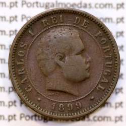 Portugal, 5 Reis 1899 bronze coin of King Carlos I, (VF), World Coins Portugal KM 530