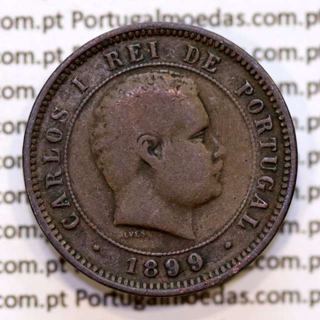 Portugal, 5 Reis 1899 bronze coin of King Carlos I, (F), World Coins Portugal KM 530
