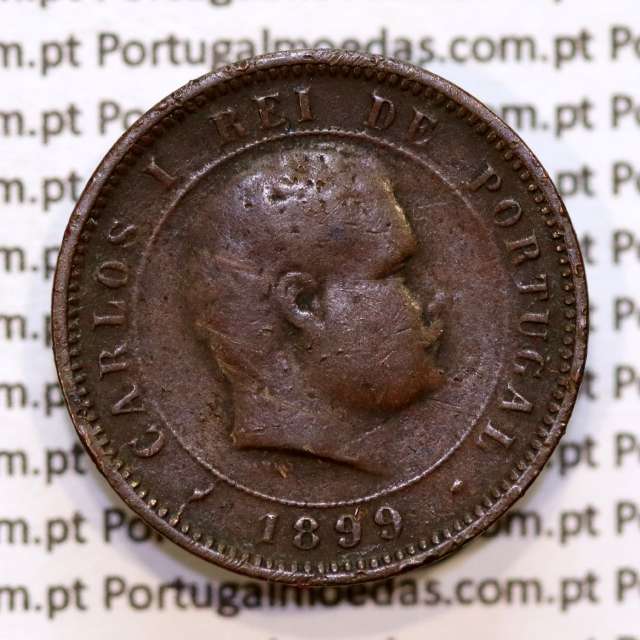 Portugal, 5 Reis 1899 bronze coin of King Carlos I, (F), World Coins Portugal KM 530