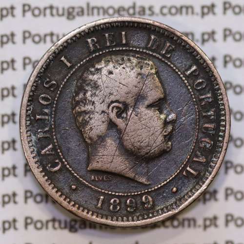 Portugal, 5 Reis 1899 bronze coin of King Carlos I, (F), World Coins Portugal KM 530