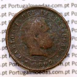 Portugal, 5 Reis 1899 bronze coin of King Carlos I, (F-), World Coins Portugal KM 530