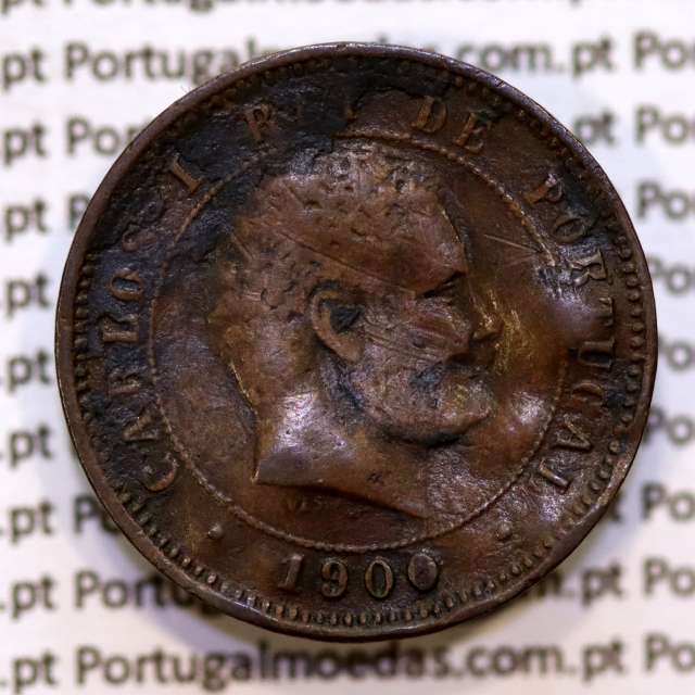 Portugal, 5 Reis 1900 bronze coin of King Carlos I, (F-/VG), World Coins Portugal KM 530