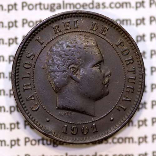 Portugal, 5 Reis 1901 bronze coin of King Carlos I, (VF), World Coins Portugal KM 530