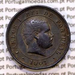 Portugal, 5 Reis 1901 bronze coin of King Carlos I, (VF), World Coins Portugal KM 530