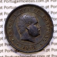 Portugal, 5 Reis 1901 bronze coin of King Carlos I, (VF), World Coins Portugal KM 530