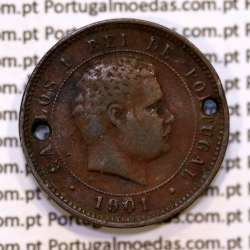Portugal, 5 Reis 1901 bronze coin of King Carlos I, (F/VG), World Coins Portugal KM 530