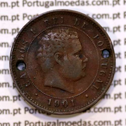 Portugal, 5 Reis 1901 bronze coin of King Carlos I, (F/VG), World Coins Portugal KM 530