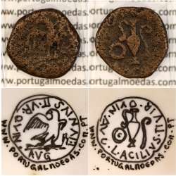 Roman coin of Augustus, Semis Æ, Carthago Nova, 30 a.C, Legend: L. IVNIVS II VIR QVINQ AVG / L. ACILIVS II VIR QVINQ AVG, RPC152