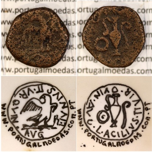 Augustus, Semis Æ, Cartago Nova, 50-30 a.C, Legenda: L. IVNIVS II VIR QVINQ AVG / L. ACILIVS II VIR QVINQ AVG , RPC 152
