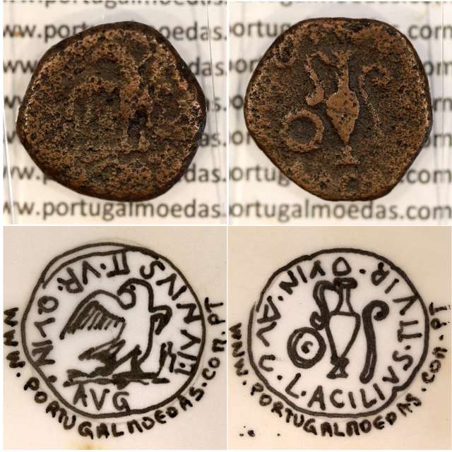 Roman coin of Augustus, Semis Æ, Carthago Nova, 30 a.C, Legend: L. IVNIVS II VIR QVINQ AVG / L. ACILIVS II VIR QVINQ AVG, RPC152