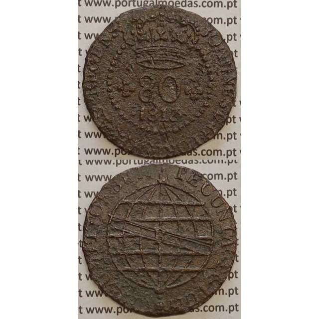 MOEDA 80 RÉIS COBRE 1813 (BC+/MBC) S. TOMÉ E PRÍNCIPE "36 PEROLAS"