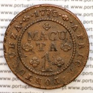 1 Macuta 1770 cobre D. José I, Angola, 6 pérolas nos arcos exterior da coroa e 70 no circulo, World Coins Angola KM 12