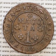 1 Macuta 1770 cobre D. José I, Angola, 6 pérolas nos arcos exterior da coroa e 70 no circulo, World Coins Angola KM 12