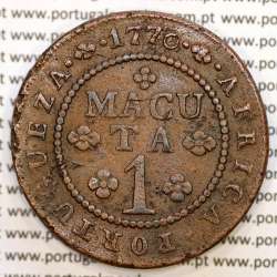 1 Macuta 1770 copper D. José I, Angola, 6 pearls on the outer arch crown and 70 on the circle, World Coins Angola KM 12