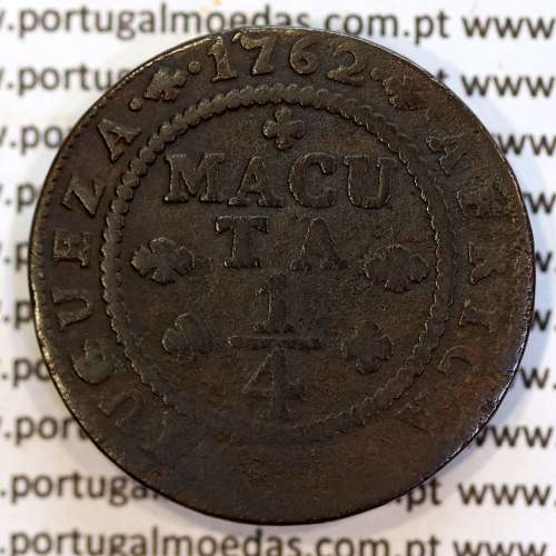 Angola coin of 1/4 Macuta 1762 copper D. José I, pearly Cross, 71 pearls in the circle, World Coins Angola KM 10