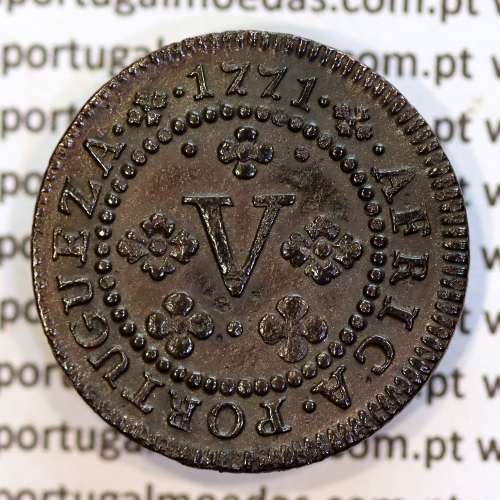 5 Reis 1771 copper D. José I, Angola, V Reis 1771 copper of Angola, 51 pearls on the circle, World Coins Angola KM 19