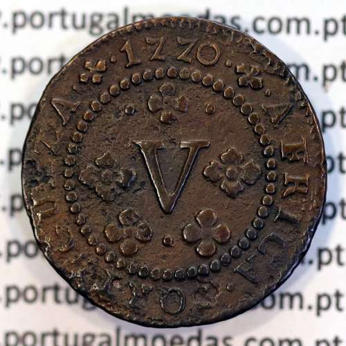 V Réis 1770 cobre D. José I, Angola, 5 réis 1770 (Pano) cobre, Losangos laterais salientes no Diadema , World Coins Angola KM 19