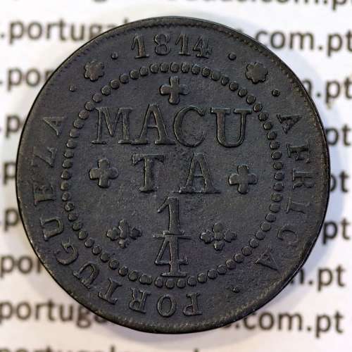 1/4 Macuta 1814 cobre D. João Príncipe Regente, Angola 1/4 Macuta 1814 (Equipanga), (MBC+), World Coins Angola KM 44