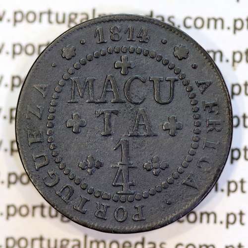 1/4 Macuta 1814 cobre D. João Príncipe Regente, Angola 1/4 Macuta 1814 (Equipanga), (MBC+), World Coins Angola KM 44