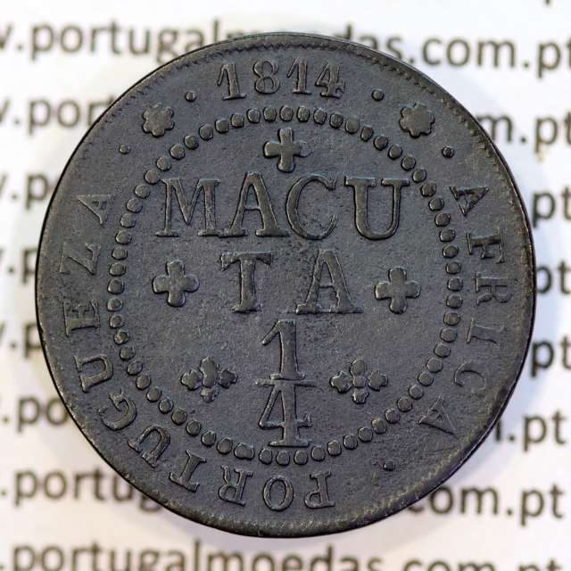 1/4 Macuta 1814 cobre D. João Príncipe Regente, Angola 1/4 Macuta 1814 (Equipanga), (MBC+), World Coins Angola KM 44