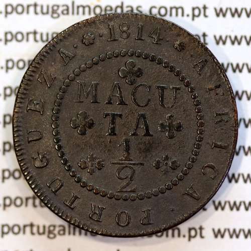 1/2 Macuta 1814 cobre D. João Príncipe Regente, Angola 1/2 Macuta 1814, (MBC+), Circulo de 62 Pérolas, World Coins Angola KM 45