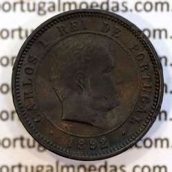5 réis 1892 bronze (1892/1), data emendada sobre cunho 1891, D. Carlos I, (MBC), World Coins Portugal KM 530