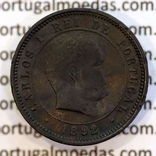 5 réis 1892 bronze (1892/1), data emendada sobre cunho 1891, D. Carlos I, (MBC), World Coins Portugal KM 530
