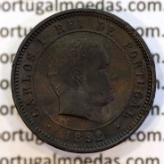 Portugal, 5 réis 1892/1 bronze coin of 1892 amended date on matrix 1891, King Carlos I, (VF), World Coins Portugal KM 530