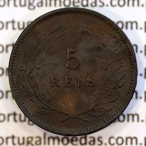 5 réis 1892 bronze (1892/1), data emendada sobre cunho 1891, D. Carlos I, (MBC), World Coins Portugal KM 530