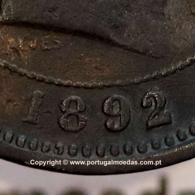 5 réis 1892 bronze (1892/1), data emendada sobre cunho 1891, D. Carlos I, (MBC), World Coins Portugal KM 530