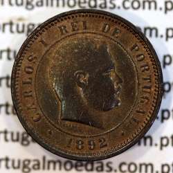 5 réis 1892 bronze (1892/1), data emendada sobre cunho 1891, D. Carlos I, (BC+), World Coins Portugal KM 530