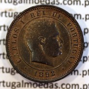 5 réis 1892 bronze (1892/1), data emendada sobre cunho 1891, D. Carlos I, (BC+), World Coins Portugal KM 530
