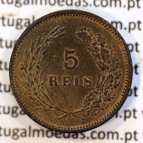 5 réis 1892 bronze (1892/1), data emendada sobre cunho 1891, D. Carlos I, (BC+), World Coins Portugal KM 530