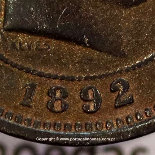5 réis 1892 bronze (1892/1), data emendada sobre cunho 1891, D. Carlos I, (BC+), World Coins Portugal KM 530
