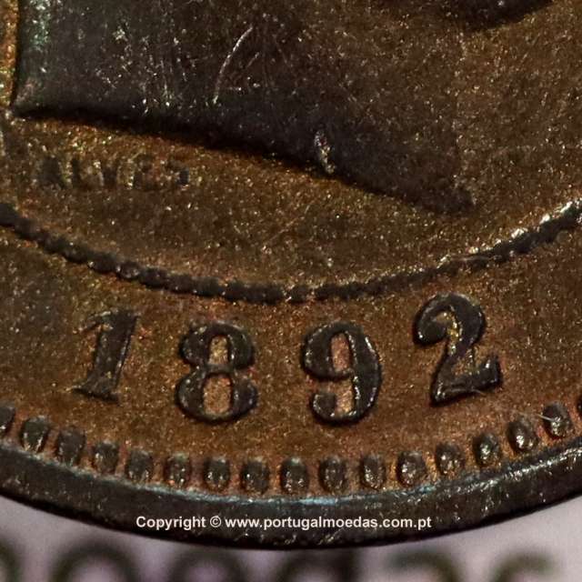 Portugal, 5 réis 1892/1 bronze coin of 1892 amended date on matrix 1891, King Carlos I, (F+), World Coins Portugal KM 530
