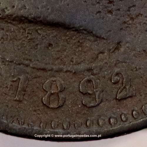 5 réis 1892 bronze (1892/1), data emendada sobre cunho 1891, D. Carlos I, (REG), World Coins Portugal KM 530