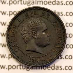 5 reis 1904 bronze D. Carlos I, variant with numbers "1+9+0" retouched in the coin matrix, (XF-),  World Coins Portugal KM 530
