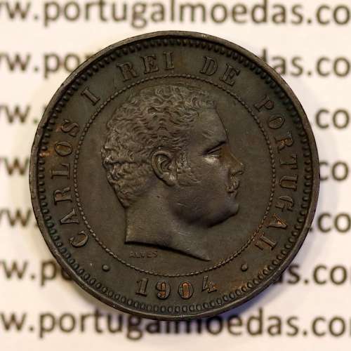 5 réis 1904 bronze D. Carlos I, variante com algarismos "1+9+0" retocados no cunho, (MBC+/Bela-), World Coins Portugal KM 530