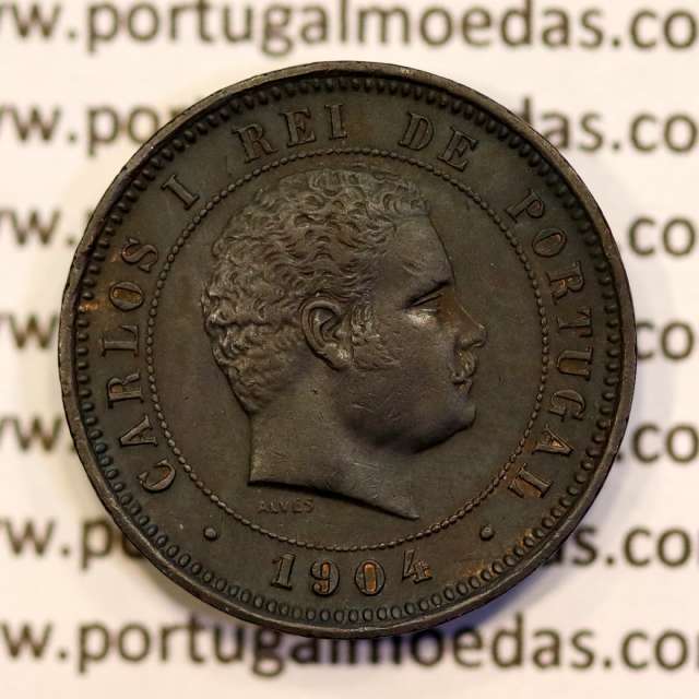 5 reis 1904 bronze D. Carlos I, variant with numbers "1+9+0" retouched in the coin matrix, (XF-),  World Coins Portugal KM 530