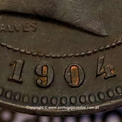 5 reis 1904 bronze D. Carlos I, variant with numbers "1+9+0" retouched in the coin matrix, (XF-),  World Coins Portugal KM 530