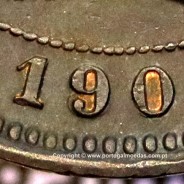 5 reis 1904 bronze D. Carlos I, variant with numbers "1+9+0" retouched in the coin matrix, (XF-),  World Coins Portugal KM 530