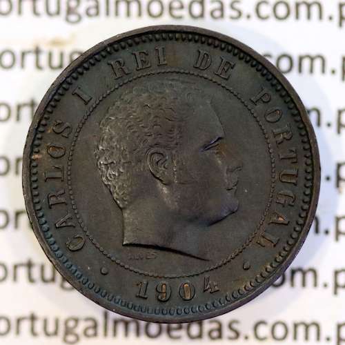 5 réis 1904 bronze D. Carlos I, variante com algarismos "1+9+0" retocados no cunho, (MBC+/Bela-), World Coins Portugal KM 530