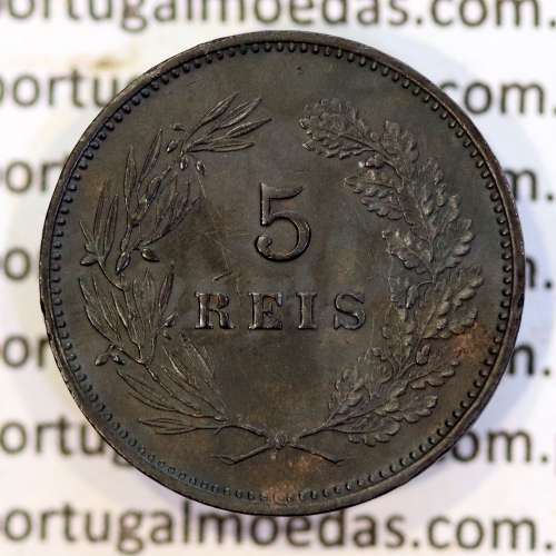 5 reis 1904 bronze D. Carlos I, variant with numbers "1+9+0" retouched in the coin matrix, (XF-),  World Coins Portugal KM 530